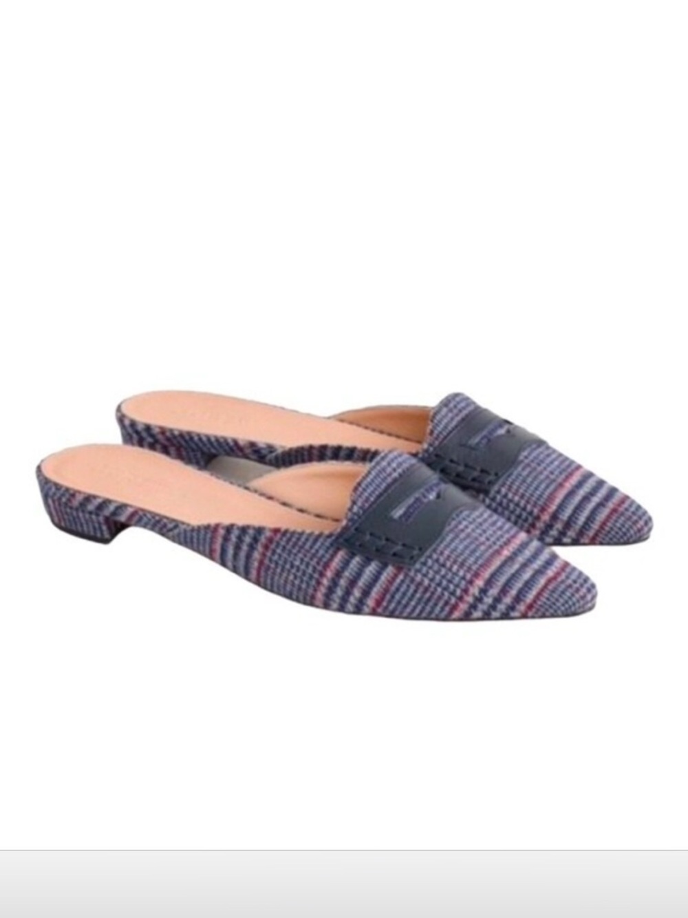 J.Crew Pointed-Toe Penny Mules Blue Red Plaid Tweed Leather Slip-On Loafer Flats